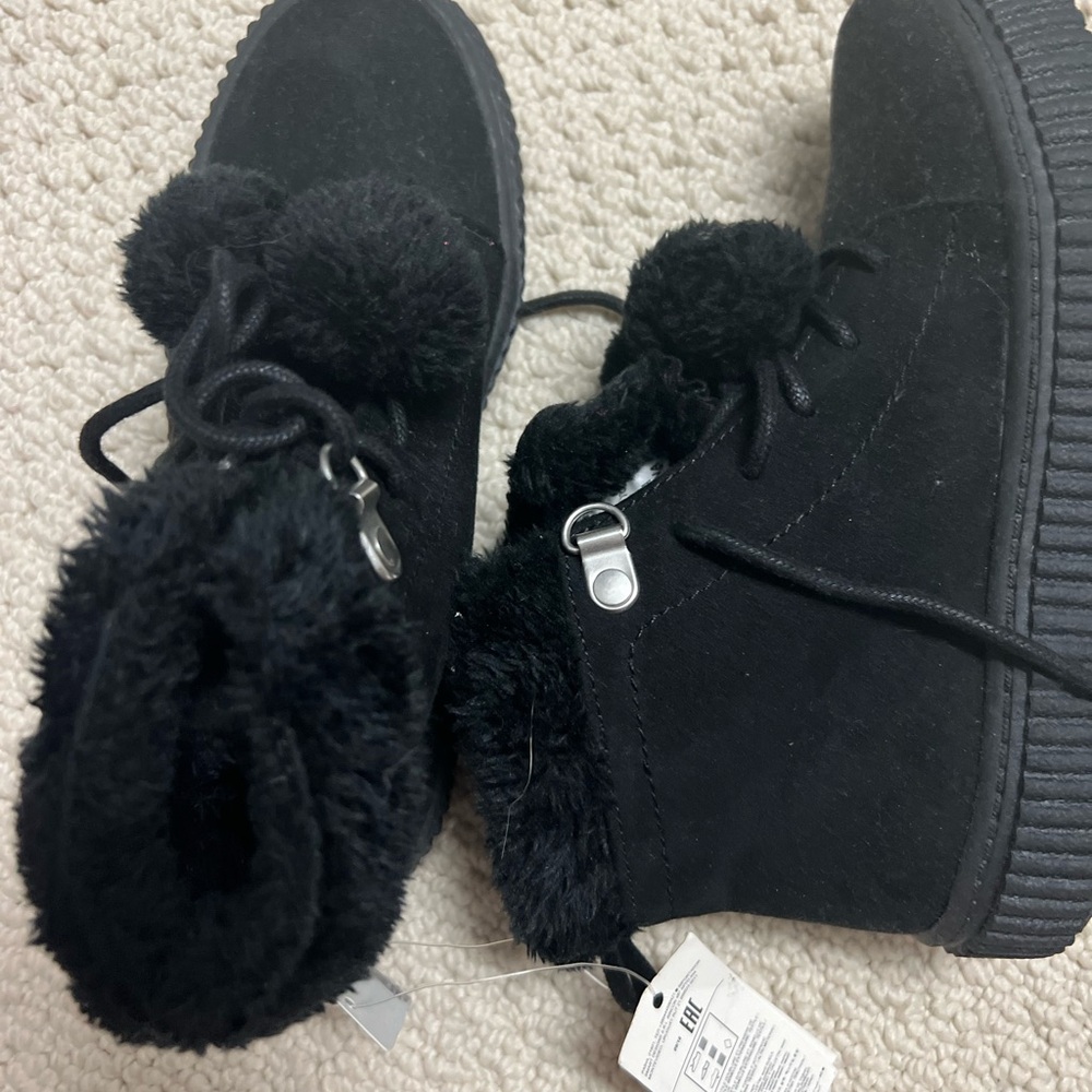 Black Fuzzy Pom Pom Boots